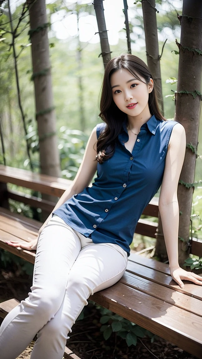 masterpiece, best quality, Surreal, Ultra Detailed, 8K resolution, RAW photos, Clear focus, (A girl in the forest), ((navy blue shirt:1.1)), sleeveless, Long sweatpants,Beautiful leg lines,Thin waist and hips,Sexy妩媚,Attractive thighs,充满Sexy,Sexy,Full body posture, Solitary, Perfect body, Become a, 36 inches in the chest,(a charming smile:1), (sexy pose),26 years old, light,White shoes,