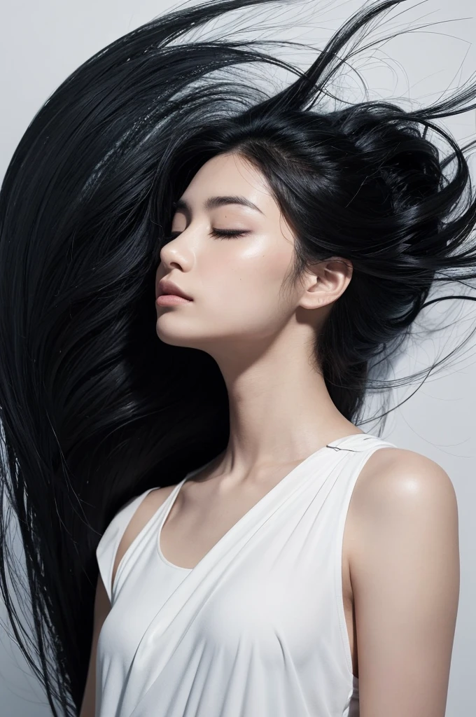 Sure, here is a detailed prompt for the image in English: --- The image features a young woman with shoulder-length black hair standing against a two-toned background. The background is split vertically with the left side in a deep black and the right side in a light gray. The contrast between these colors creates a striking visual effect that draws the viewer's attention to the central figure. The woman is positioned in profile, facing to the left. Her eyes are closed, and her expression is calm and serene, suggesting a moment of introspection or meditation. She is dressed in a white garment that appears to be disintegrating or merging with the background in an abstract manner. From the left side of her body, black liquid-like splashes seem to emerge and blend into the dark background. These black splashes create a dynamic and somewhat chaotic effect, as if she is dissolving into the darkness. On the right side, contrasting white splashes emanate from her body, merging into the light gray background. This side appears more fluid and ethereal, giving a sense of purity and lightness. The interplay between the black and white elements, combined with the woman's calm demeanor, creates a powerful representation of duality and balance. The abstract splashes add an element of movement and transformation, as if she is caught in the process of changing states or merging with her surroundings. The overall composition is minimalist yet deeply expressive, utilizing color contrast and abstract forms to convey a sense of inner peace, transformation, and the coexistence of opposites. The image invites viewers to contemplate themes of identity, duality, and the fluid nature of existence.