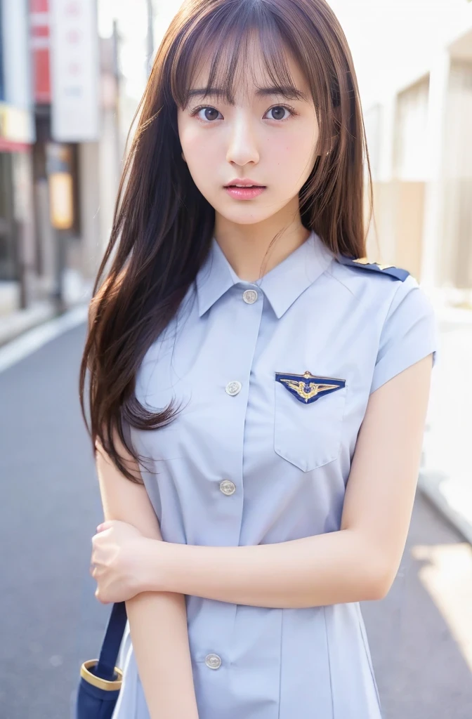 (Wearing a navy women's fitted suit),