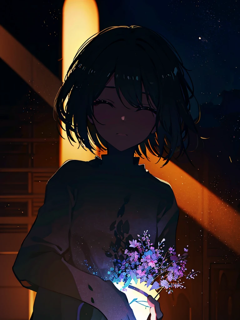 silhouette, Particles of light Beast silhouette, The silhouette泣いている女の子, Close up background, universe、night, Night Sky, Better Hands