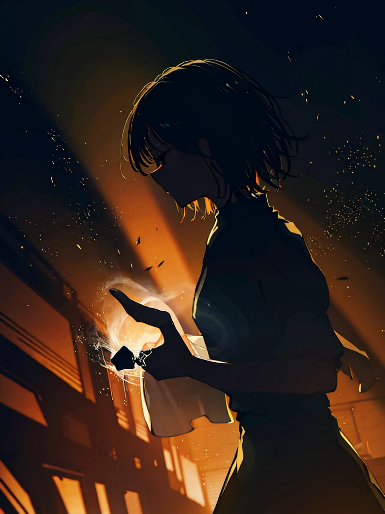 silhouette, Particles of light Beast silhouette, The silhouette泣いている女の子, Close up background, universe、night, Night Sky, Better Hands