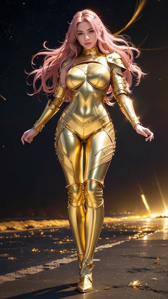 ((best quality)), ((masterpiece)), (ultra detailed lights), ((full body:1.3)), ((skinny body)), 1girl, extremely beautiful, ((slim body)), thighs gap, ultra face details, 20 years old, ((pink curvy-hair)), ((hair blown by strong winds :1.3)), Award-winning photograph, ((symmetrical pose)), ((full body golden armor)), posing in the middle, intricate details, ((thight golden armour)), ((extremely details armor)), ((tight latex pants)), ((full thighs golden armor)), ((24k-gold armor)), ((edge luminous armor)), cameltoe, luminescent, epic lights reflections, at beach, full of stars, orange clouds, nebula sky, aurora borealis, shooting stars, ((from below))