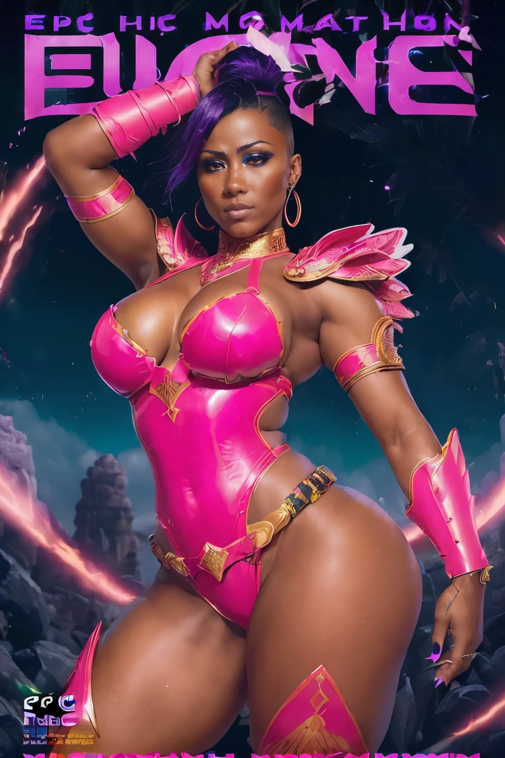 (Epic cover art: 2), Spectacular Amazonian warriors, Enormous buttocks contrasting with  breasts, Hyper-realistic dark melanin:2, (Stylish) mohawk fade haircut, (High focus:2), Neon vibrant purple hues, [Translucent, flowing armor with fluid dynamics, (Ultra-high quality:2)], A powerful Milf with diminutive breasts and a HUGE derriere:2, Filled with bio-translucent pink accents and inflatable parts, complete with puffy sleeves and ornate details, Attire: (Red-hued Warrior regalia), (Tiny,