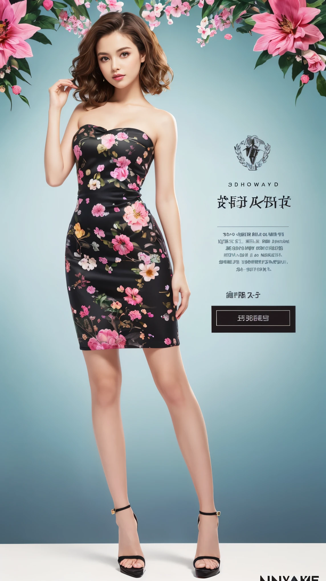 ((masterpiece)),(((Highest quality))),Character design sheet:1.5，Long legs,Slender figure:1.5，whole body:1.5，(One Girl:1.3),(Viewer Display:1.4)，(Pointy high heels:1.3),(Stand with legs apart:1.2),(Wearing a floral and plant print mini dress:1.2), Curly Hair:1.5，High waist:1.5，