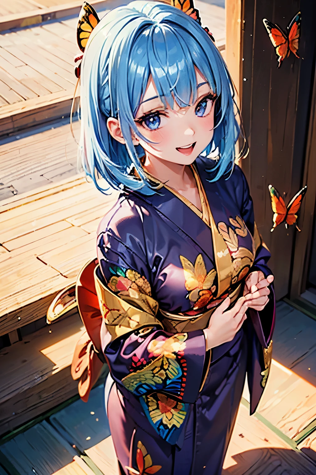 best quality, (masterpiece:1.3), absurdres, highres,16k, ultra high res, official art, illustration,extremely detailed, 1girl, solo, full body, 20yo, delicate lines tailed face, (medium hair:1.9), (side swept bangs:1.7), (beautiful (aquamarine blue) hair:1.2), (shiny hair:1.2), (beautiful (light-purple) eyes:1.2), (shiny eyes:1.2), (medium breasts), (gleaming skin:1.4), (cowboy shot:1.5), from above, standing, put hands on chest, smile, half open mouth, (((dark-red kimono)), ((gold butterfly) printed kimono))