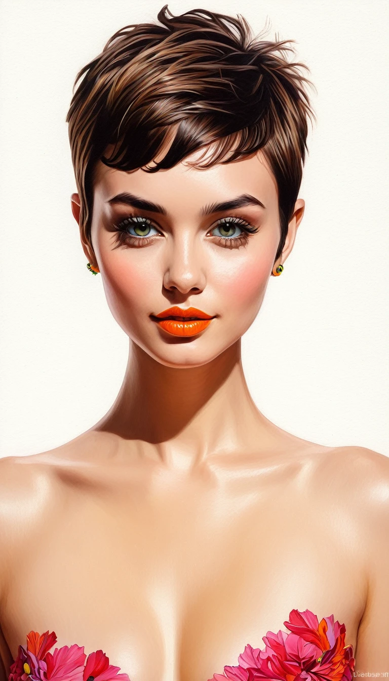 create a woman short hair pixie , flores, Masterpiece, estilo illustration de Ali Erturk, high detail, hyperrealistic, natural light,illustration , Bright colors
