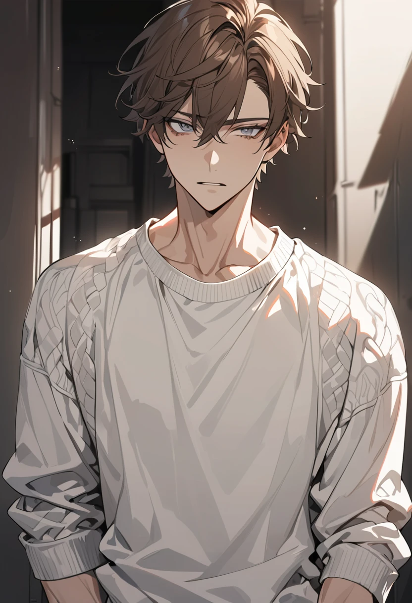 an anime boy, Brown hair, gray eyes, , neutral expression, slender body, short hair, handsome, detailed eyes, ultra detailed, high quality, teenager, masculine features, rude, white sweater .