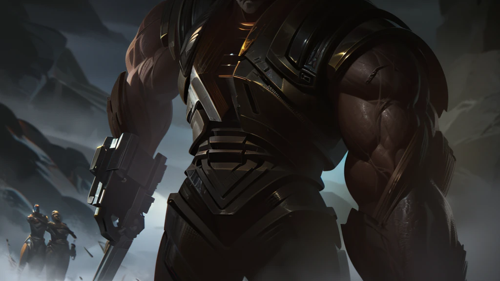 highly detailed, hyper realistic, cinematic, muscular humanoid mutant creatures, heavily armed with large steel arc weapons, swords, lances, hunting massive monstrous creatures, dark gritty sci-fi landscape, dramatic lighting, muted color palette, sharp focus, 8k, photorealistic