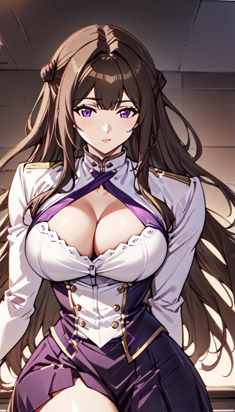 Anime, 1 girl, solo, kimtag, KAL, brown hair, long hair, purple eyes, Kashino, Kashino's hairstyle, big And round buxon, busty, firm plump body, genetics's uniform , Juliet sleeves, deep cleavage,, skirt,