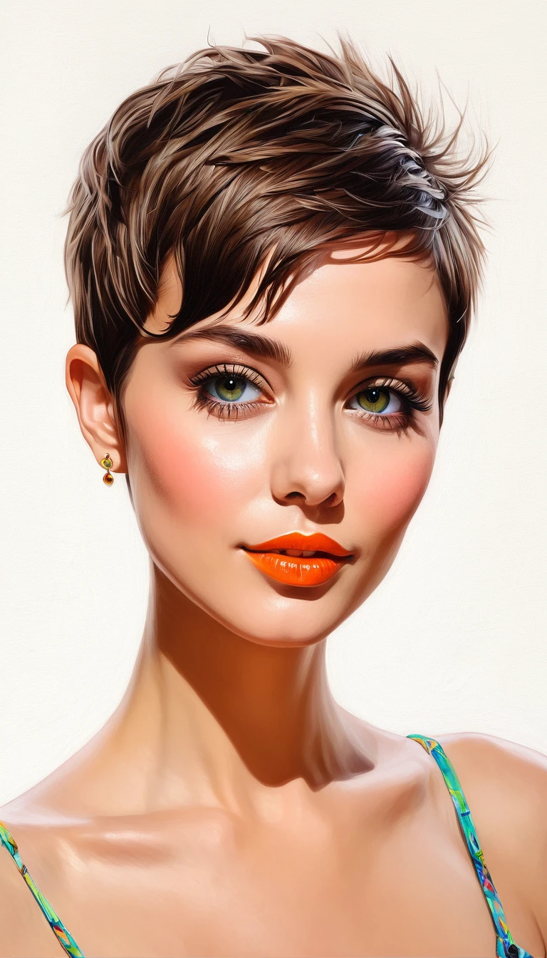 create a woman short hair pixie , flores, Masterpiece, estilo illustration de Ali Erturk, high detail, hyperrealistic, natural light,illustration , Bright colors