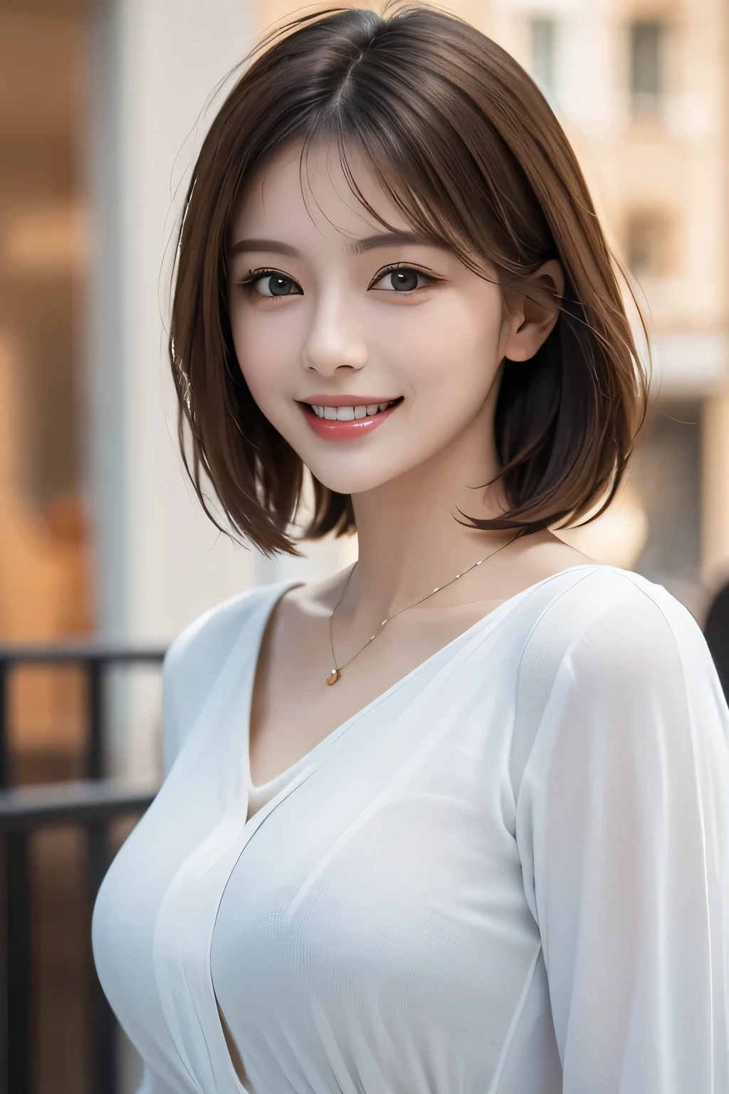 ((masterpiece)), ((Highest quality)), ((Complex)), ((Surreal)), (Realistic), (Mature Woman), ((There are no classes)), Very detailed, (1 female), Beautiful and exquisite, (Beautiful Teeth), Grin, Brunette bob hair, Brown eyes, ((blouse)), (Upper Body), (background:none), Perfect Eyes, Captivating eyes, Looking at the audience