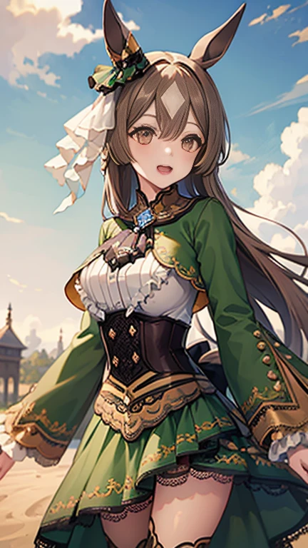 masterpiece, best quality, highres, aasato, long hair, half updo, braid, hair between eyes, animal ears, ear ornament, horse tail, breasts, frills, black ascot, green dress, (sleeves past wrists:1.2), black thighhighs, cowboy shot, standing, outdoors, smile, open mouth