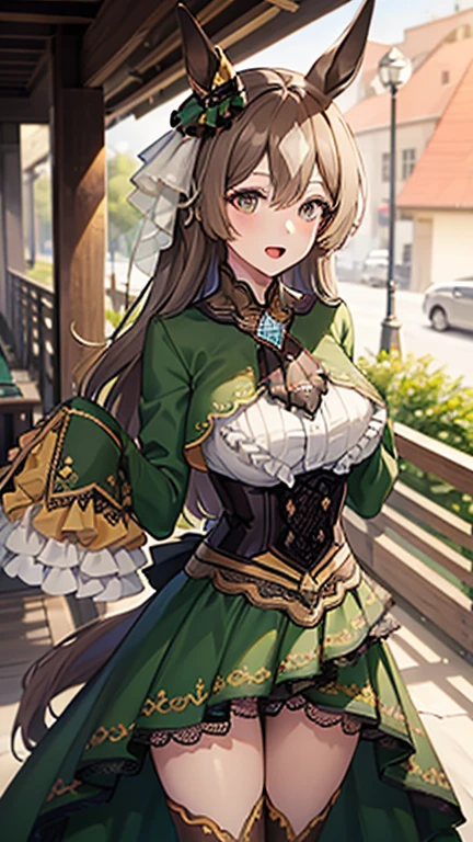 masterpiece, best quality, highres, aasato, long hair, half updo, braid, hair between eyes, animal ears, ear ornament, horse tail, breasts, frills, black ascot, green dress, (sleeves past wrists:1.2), black thighhighs, cowboy shot, standing, outdoors, smile, open mouth