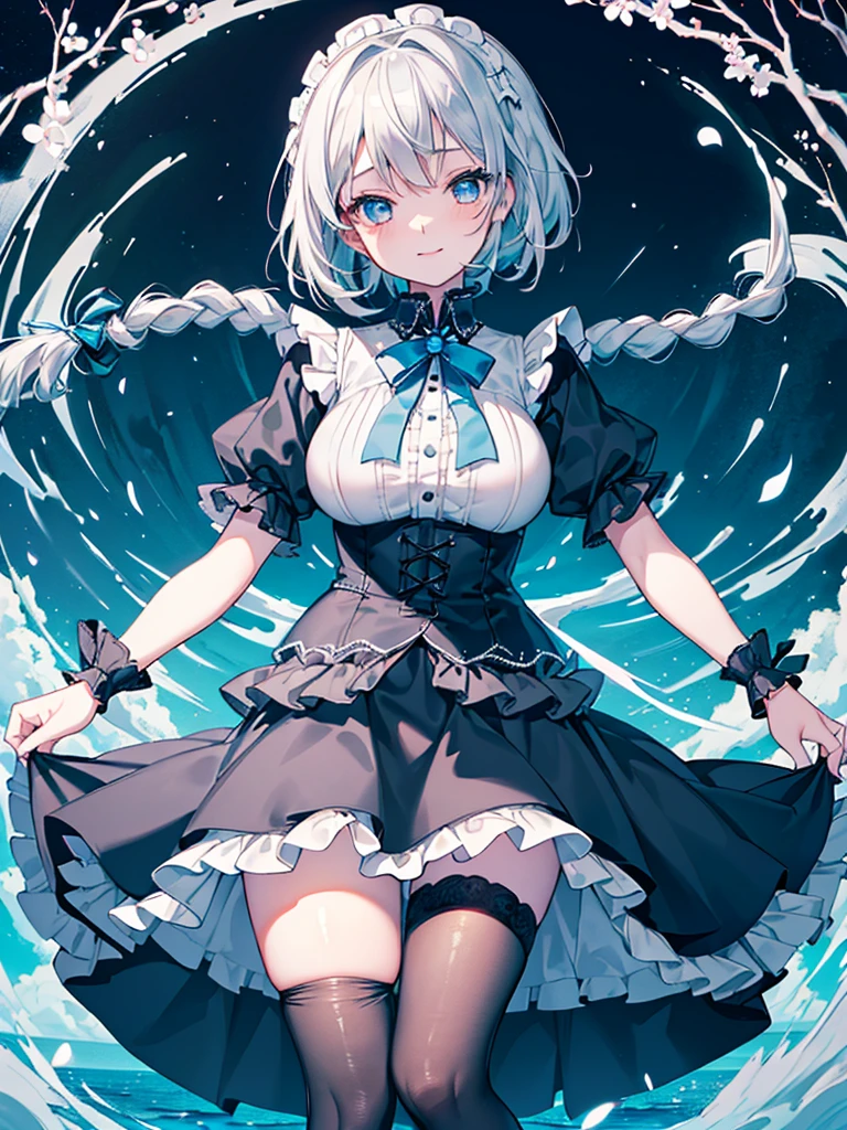 (Ultra Quality figure), Ultra detailed,((Top quality)),beautiful girl, (short white sky hair), ((braided short hair)), her eyes is shining , (highly detailed beautiful eyes), charming smile, Fantasy atmosphere feeling,blue sea scenary,((dream invited blue )), (storm spring),kawaii figure, (Ghotic with long skirt),(Her outfit closely resembles a goth lolita aesthetic black), (blouse underneath), (a grey skirt with ruffled fabric underneath and a lace draping over it),(wears black tights),at sea,( spin dance )