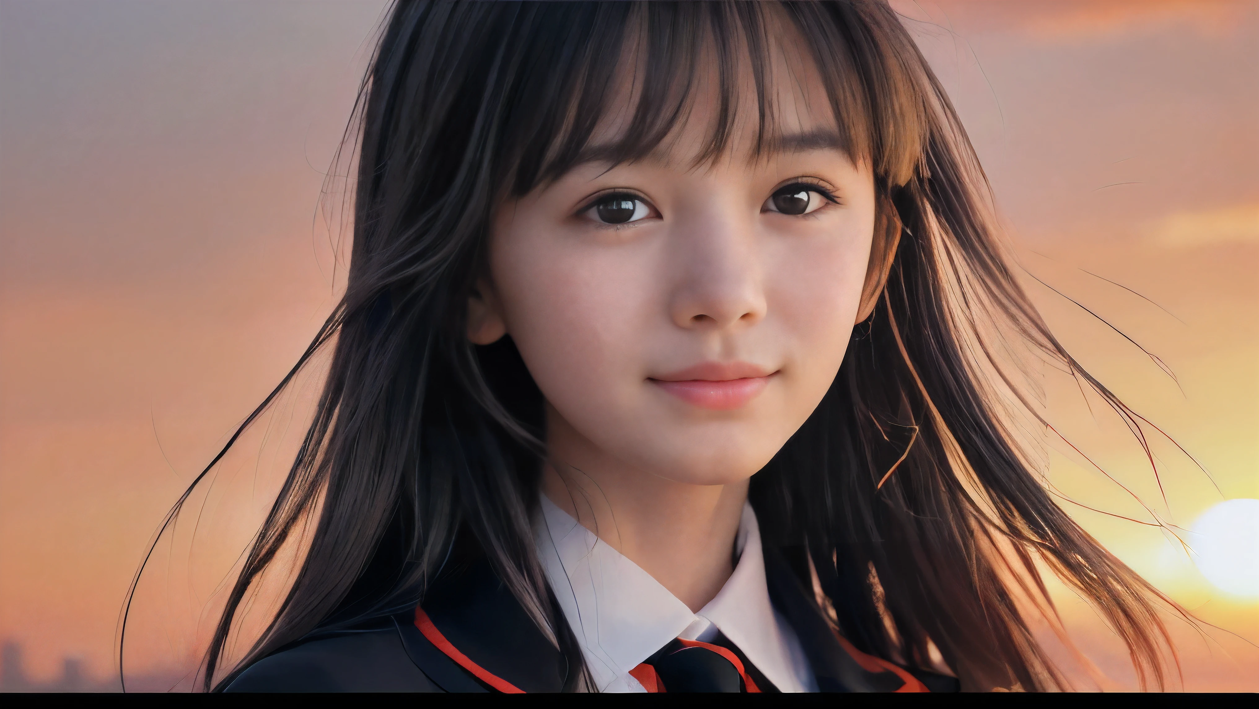 (Close up face shot of one slender small breasts two side up black medium hair bangs girl with crying little smile face in long sleeves black school uniform:1.5)、(One girl is facing at sunset red sky with her face is reflected sunset light and her hair is blowing in long sleeves black school uniform:1.5)、(Beautiful red sunset sky at skyscraper city landscape:1.5)、(8k ultra detailed master piece:1.5)、(perfect anatomy:1.5)、(Photorealistic stick:1.5)、(Raw photo:1.3)、(highest quality:1.5)、(High resolution:1.3)、(Delicate and beautiful perfect face:1.3)、(Delicate and beautiful eye air skin:1.3)、(Real Human Skin:1.3)、((thin legs))