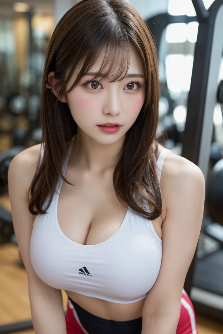 Gym Personal Trainer, Highest quality, shape, Very detailed, In detail, High resolution, 8k wallpaper, Perfect dynamic composition, Beautiful details,  Natural Lip,, Gym Wear, Sweating in the cleavage, She is straddling me and giving me instruction..., A masterpiece of the whole body, Side Short