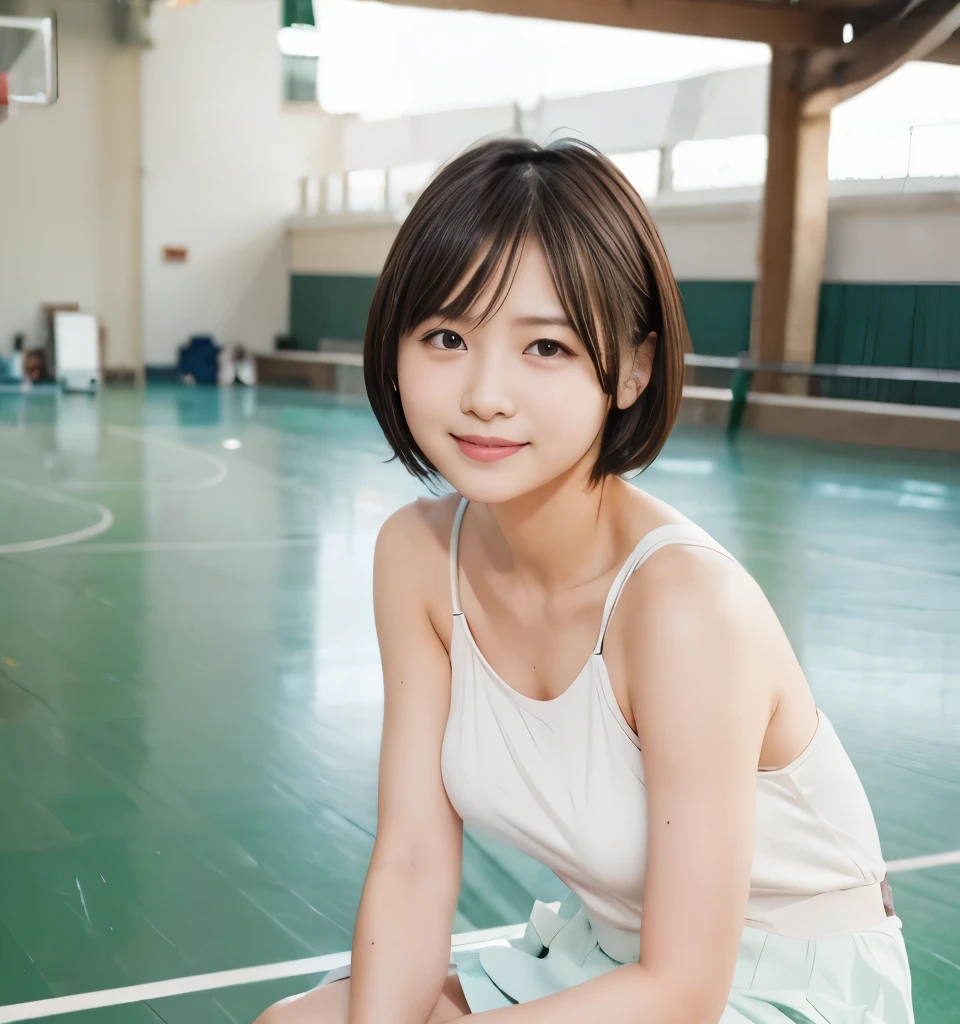 Best image quality、Highest quality、masterpiece、Ultra-high resolution、、immature、Realistic:1.4、Professional Lighting、Cute school girl、The cutest Nishino Nanase、Baby Face、Very short hair、thin、Moderate size chest cup bust、Large erect nipples、smile、（Wearing a white tank top）、School gym:1.6、Sitting on the basketball court）