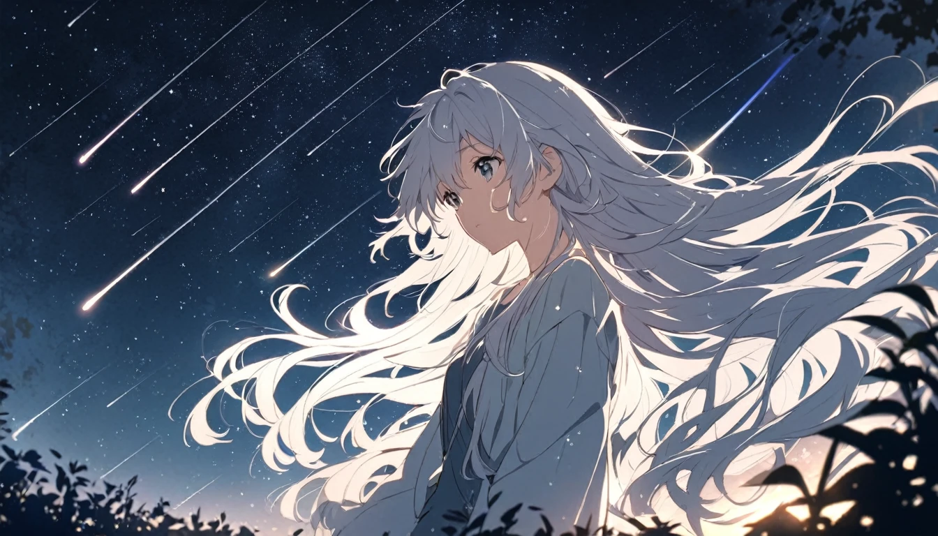 Anime drawings inspired by Makoto Shinkai, A girl throws a star into the dark sky, Shooting stars radiating from the night sky,pretty girl, Silver Hair, Long Hair, Disheveled Hair, Shiny Hair, Listening to music