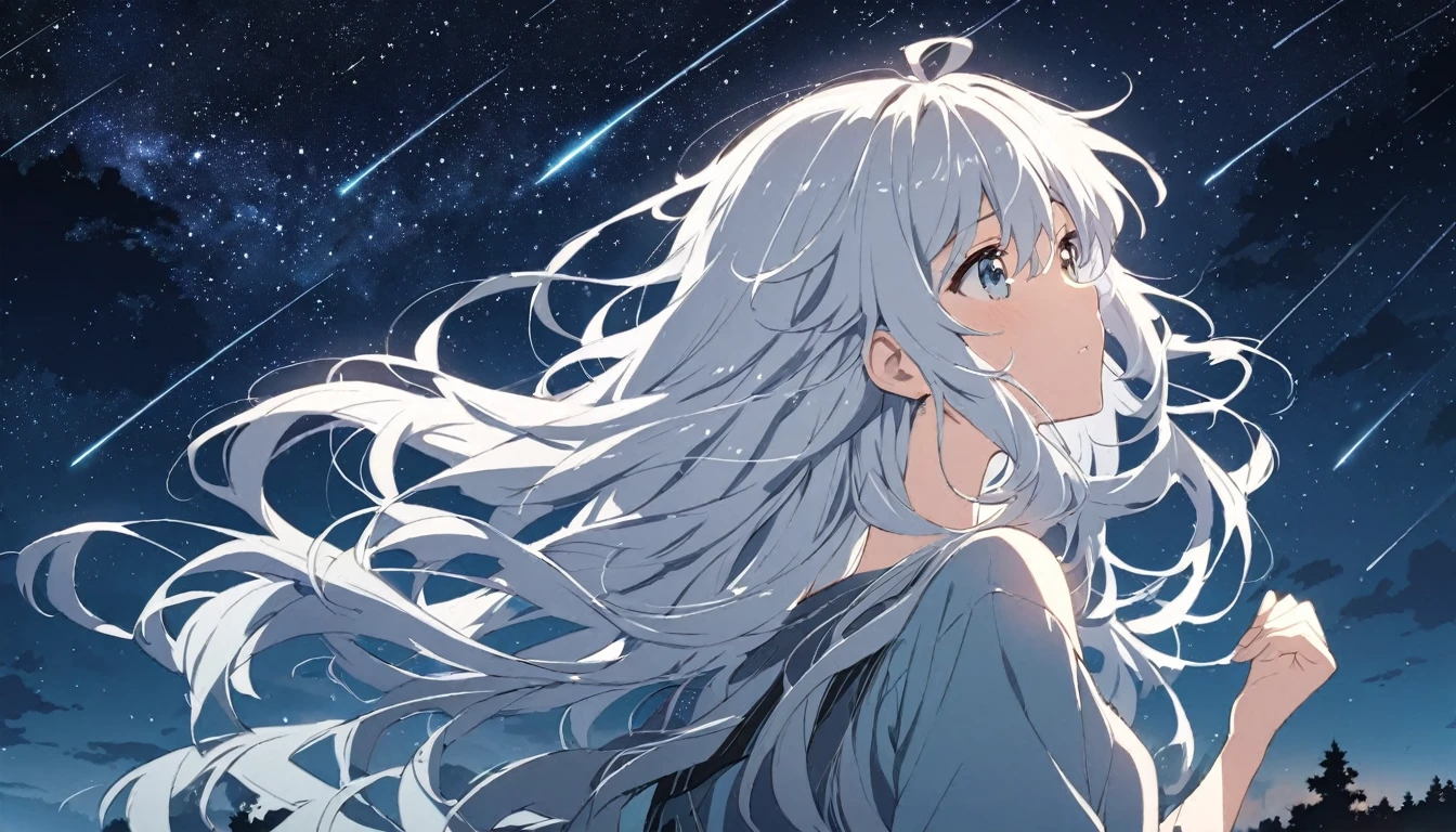 Anime drawings inspired by Makoto Shinkai, A girl throws a star into the dark sky, Shooting stars radiating from the night sky,pretty girl, Silver Hair, Long Hair, Disheveled Hair, Shiny Hair, Listening to music