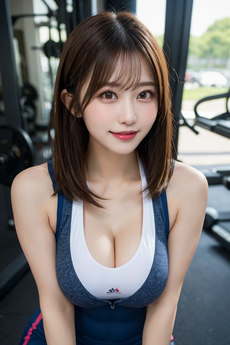 Gym Personal Trainer, Highest quality, shape, Very detailed, In detail, High resolution, 8k wallpaper, Perfect dynamic composition, Beautiful details, Natural Lip,, Gym Wear, Sweating in the cleavage, She is smiling and teaching me as she straddles me..., A masterpiece of the whole body, Side Short