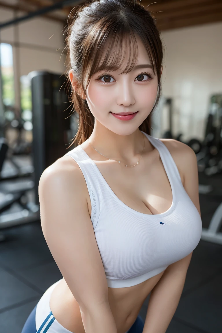 Gym Personal Trainer, Highest quality, shape, Very detailed, In detail, High resolution, 8k wallpaper, Perfect dynamic composition, Beautiful details, Natural Lip,, Gym Wear, Sweating in the cleavage, She is smiling and teaching me as she straddles me..., A masterpiece of the whole body, Side Short