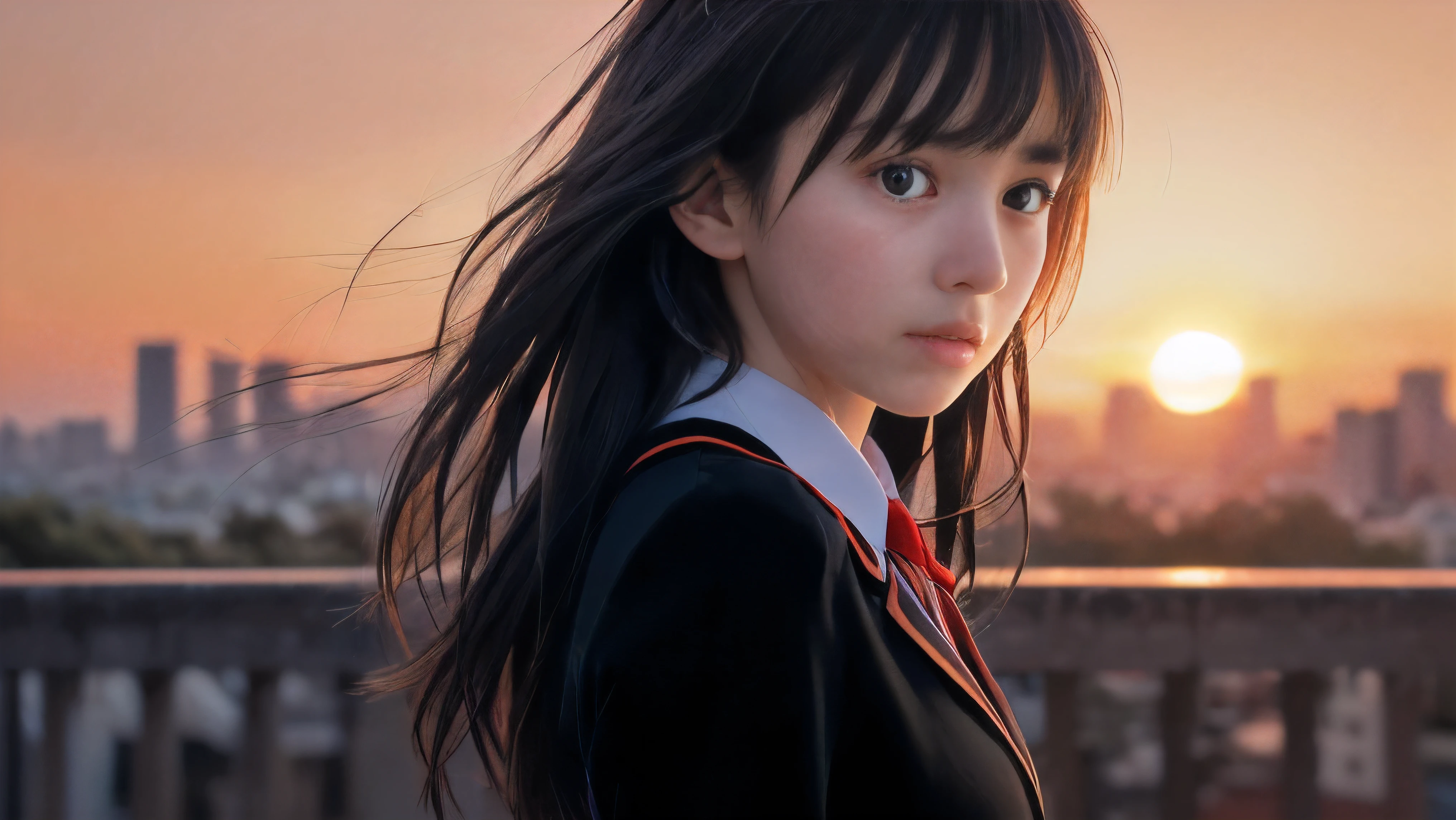 (Close up profile shot of one slender small breasts two side up black medium hair bangs girl with crying face in long sleeves black school uniform:1.5)、(One girl is looking at sunset red sky with her face is reflected sunset light and her hair is blowing in long sleeves black school uniform:1.5)、(Beautiful red sunset sky at skyscraper city landscape:1.5)、(8k ultra detailed master piece:1.5)、(perfect anatomy:1.5)、(Photorealistic stick:1.5)、(Raw photo:1.3)、(highest quality:1.5)、(High resolution:1.3)、(Delicate and beautiful perfect face:1.3)、(Delicate and beautiful eye air skin:1.3)、(Real Human Skin:1.3)、((thin legs))