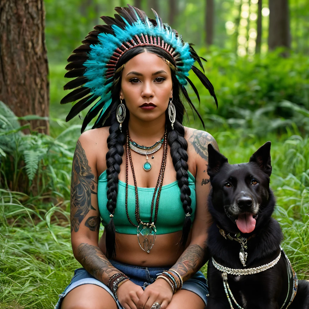 Realistic image of a woman, alone, with long hair, looking at the viewer, black hair, brown eyes, jewelry, braid, earrings, dark skin, necklace, mole, dark-skinned woman, lips, tattoo, feathers, headdress, facial tattoo, Native America, sitting on the green grass in the forest trees with her dogs