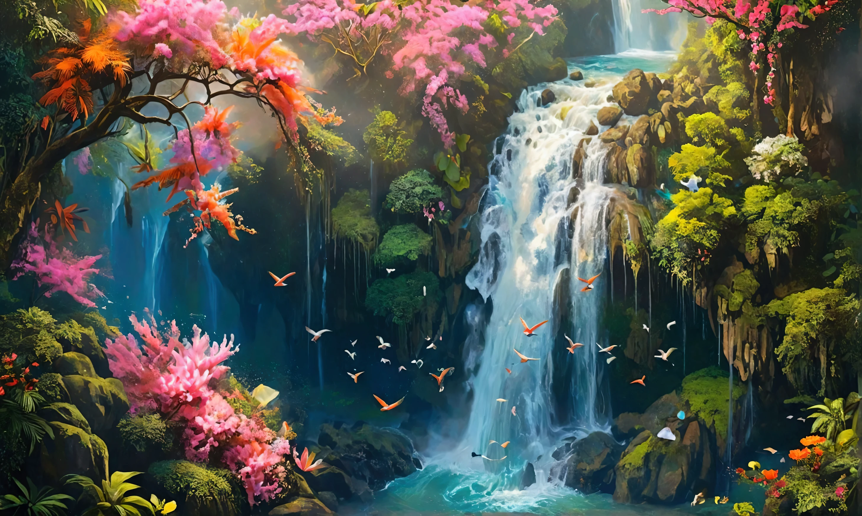 depicts a serene thác nước waterfall cascading down moss-covered rocks, surrounded by lush greenery and vibrant tropical flowers, as a flock of chim cò birds soar freely above the clouds, filling the sky with a kaleidoscope of colors, from gentle pinks and oranges to radiant blues and emerald greens, evoking a sense of tranquility and balance, with intricate brushstrokes and delicate textures, inviting the viewer to step into a world of serenity and harmony
