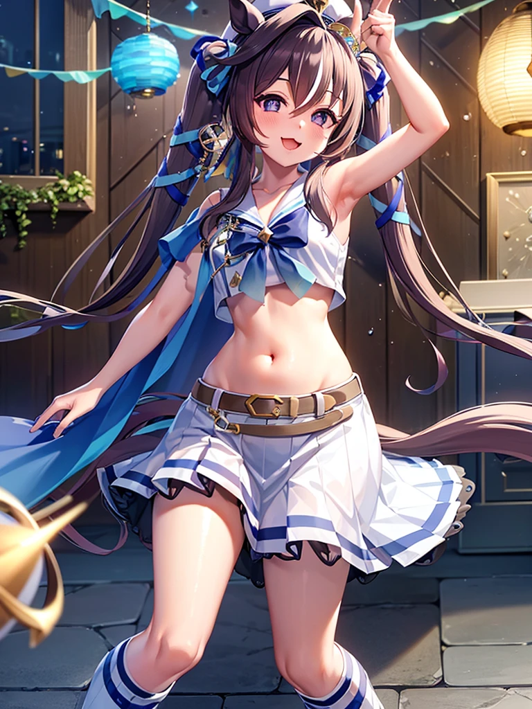 masterpiece, best quality, detailed, highly detailed, ultra detailed, extremely detailed CG, high resolution, 4K, vivlos \(umamusume\), horse tail, hat, white sailor collar, bare shoulders, blue ribbon, small cape, strap, anchor ornament, bodystocking, belt, bare knees, white pleated skirt, white boots, smile, arm up, armpits,