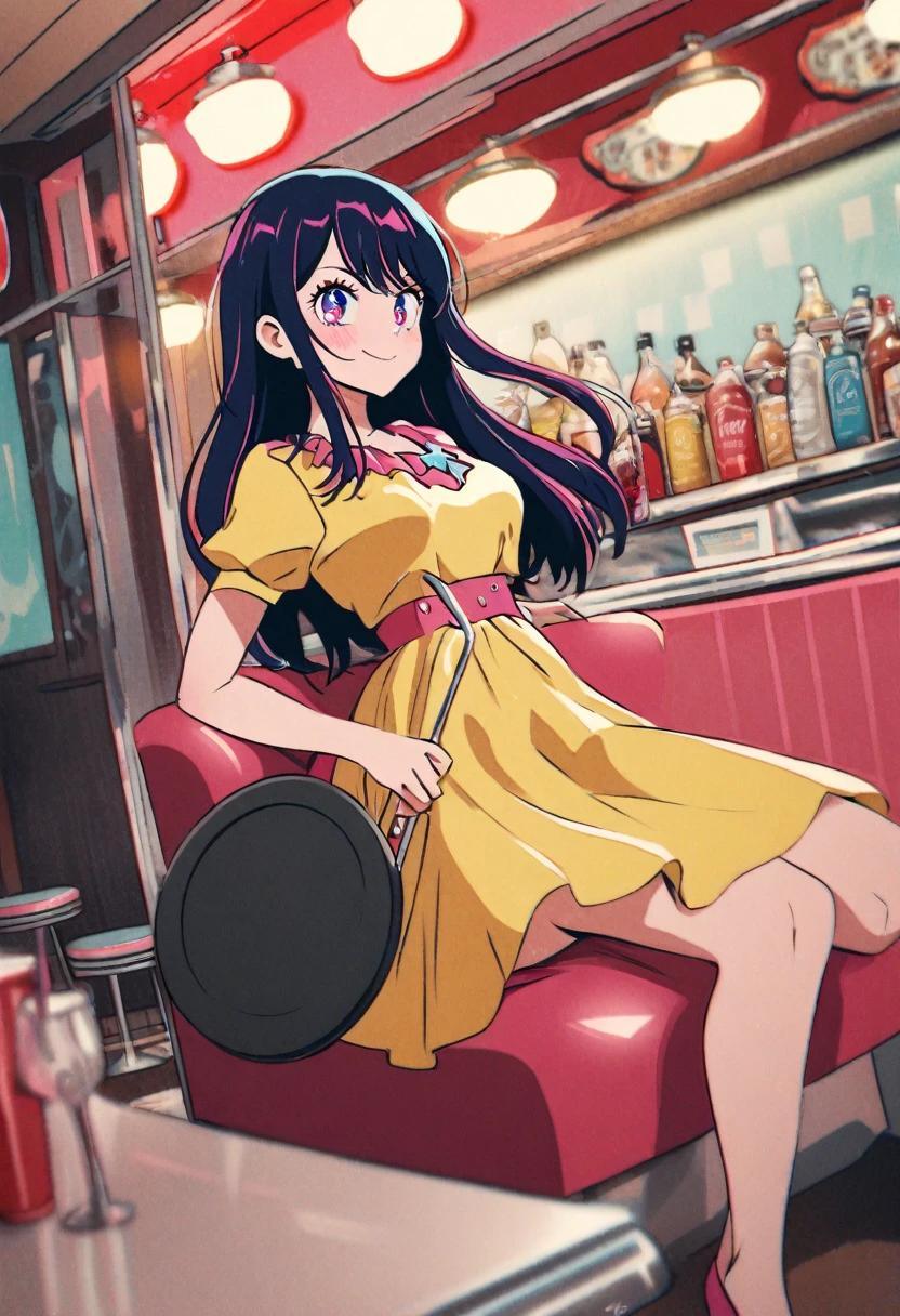 1girl, hoshino ai \(oshi no ko\), oshi no ko, technicolor,weitress, 1950s style dress,Holding a tray on which drinks are placed. retro diner,masterpiece, best quality, absurdres,