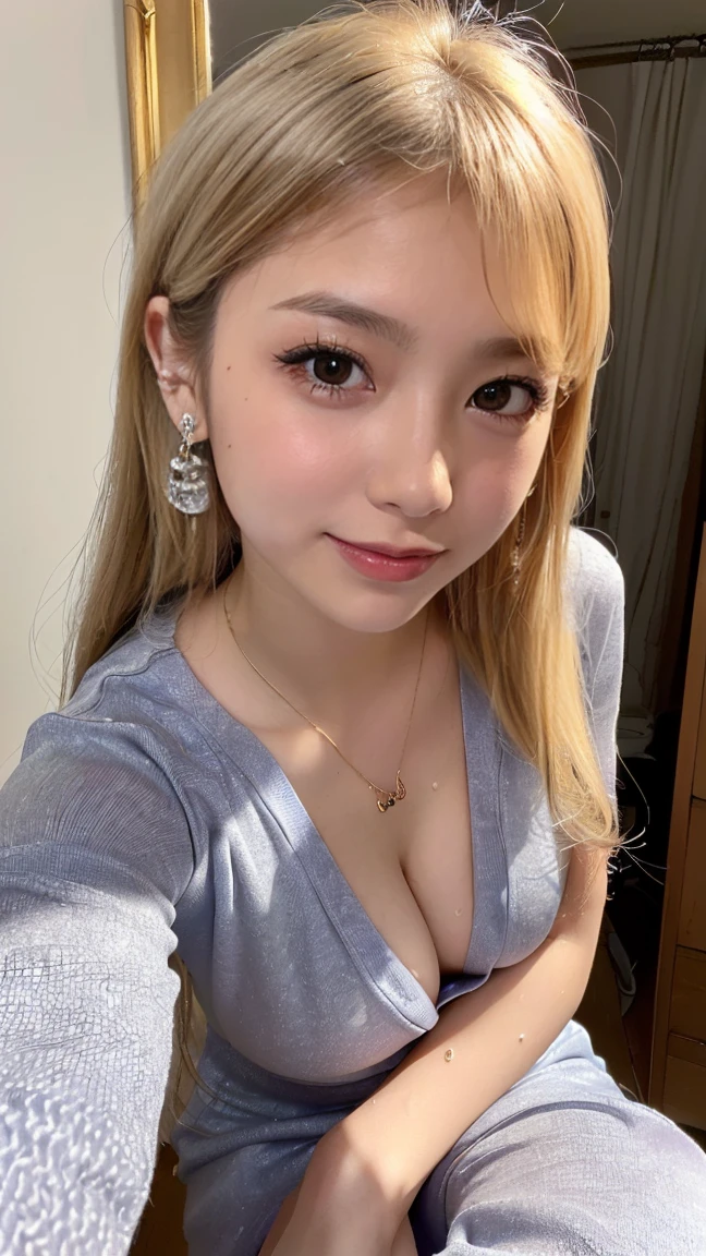 (masterpiece, Highest quality:1.3), smile、(Very detailed:1.2), (hyperRealistic:1.3), (RAW Photos:1.2),(Spread your legs:1.4)、High resolution raw color photos, Professional photos, (PhotoRealistic:1.4), (Realistic:1.4),(Small Nose:1.4)、(Sweaty:1.4)、Big eyes、Long eyelashes、Professional Lighting, Perfect Anatomy, (Large Breasts:1.2), (Detailed face), (Cute appearance:1.5), (Blonde half-up:1.5), necklace, bracelet, sexy, erotic sexy, (足を開いたsexyなグラビアポーズ:1.8), (Beautiful woman in pajamas: 1.3)、On the bed、(Multiple ear piercings:1.4)