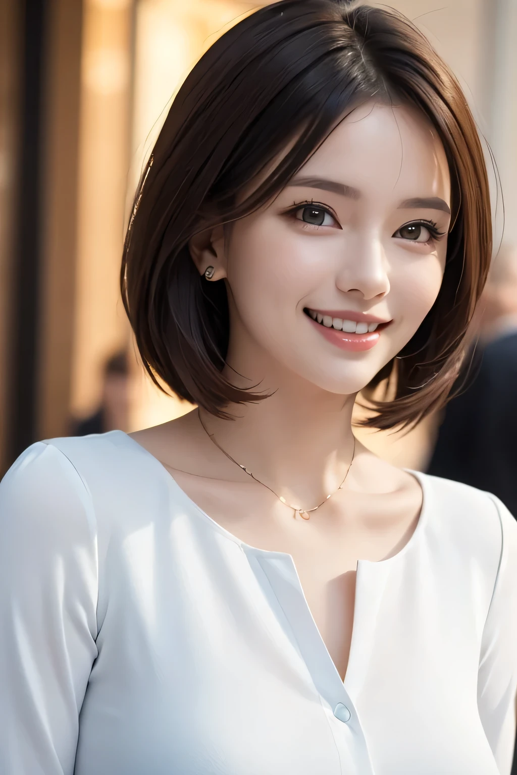 ((masterpiece)), ((Highest quality)), ((Complex)), ((Surreal)), (Realistic), (Mature Woman), ((There are no classes)), Very detailed, (1 female), Beautiful and exquisite, (Beautiful Teeth), Grin, Brunette bob hair, Brown eyes, ((blouse)), (Upper Body), (background:none), Perfect Eyes, Captivating eyes, Looking at the audience