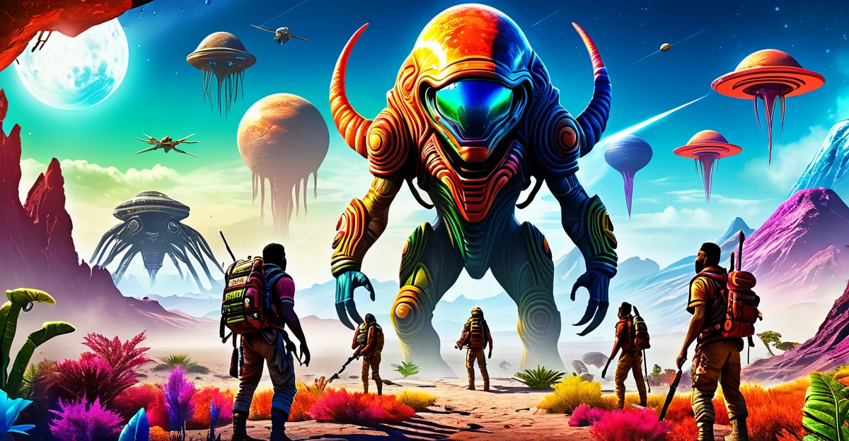 A game poster with the theme of &quot;Survival on Alien Planet&quot;，Similar tribes ，Bright colors，Survival theme，HD