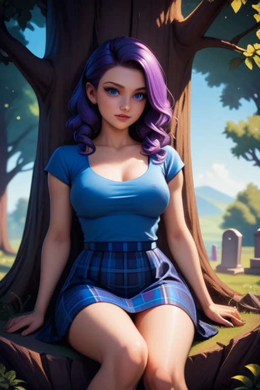 Abigail; Stardew Valley; blue eyes; long purple hair; purple pubic hair; large breasts; beautiful; girl-next-door look; soft features; best quality; trending on artstation; dark room with complex volumetric lighting; strong shadows; artistic lighting; dynamic; energetic vibe; realistic skin; specular highlights; micro-textures; highly detailed hair; romantic; love; sitting under a tree in a graveyard with a sword next to her; wearing an open blue shirt, black singlet, and blue-plaid skirt.