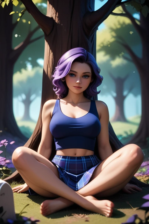 Abigail; Stardew Valley; blue eyes; long purple hair; purple pubic hair; large breasts; beautiful; girl-next-door look; soft features; best quality; trending on artstation; dark room with complex volumetric lighting; strong shadows; artistic lighting; dynamic; energetic vibe; realistic skin; specular highlights; micro-textures; highly detailed hair; romantic; love; sitting under a tree in a graveyard with a sword next to her; wearing an open blue shirt, black singlet, and blue-plaid skirt.