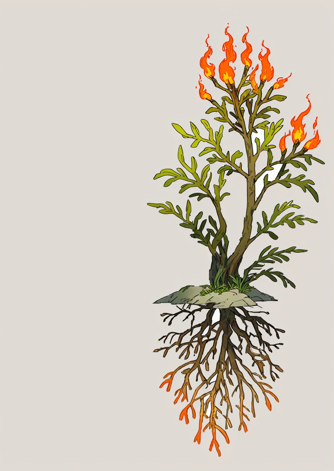 there is a a plant with a lot of fire growing out of it, the earth spews lava, burning bushes, torch light. sketch art. roots, some a plant life, a plant roots, thorn backgrounD. D&D, Illustration of alchemical art, a plant, rooteD lineage, ancient a plants, fantasy magical vegetation, DeaD a plants anD flowers, flames from the grounD
