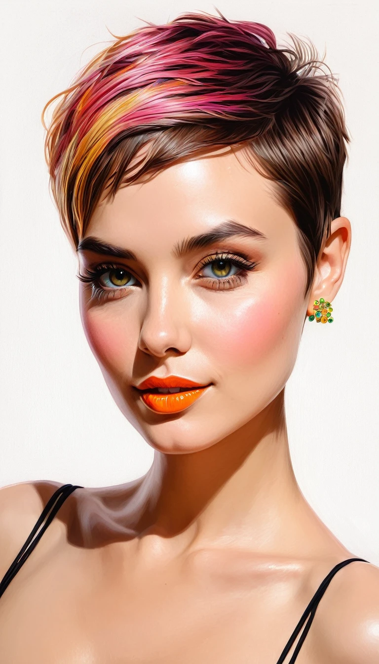 create a woman short hair pixie , flores, Masterpiece, estilo illustration de Ali Erturk, high detail, hyperrealistic, natural light,illustration , Bright colors