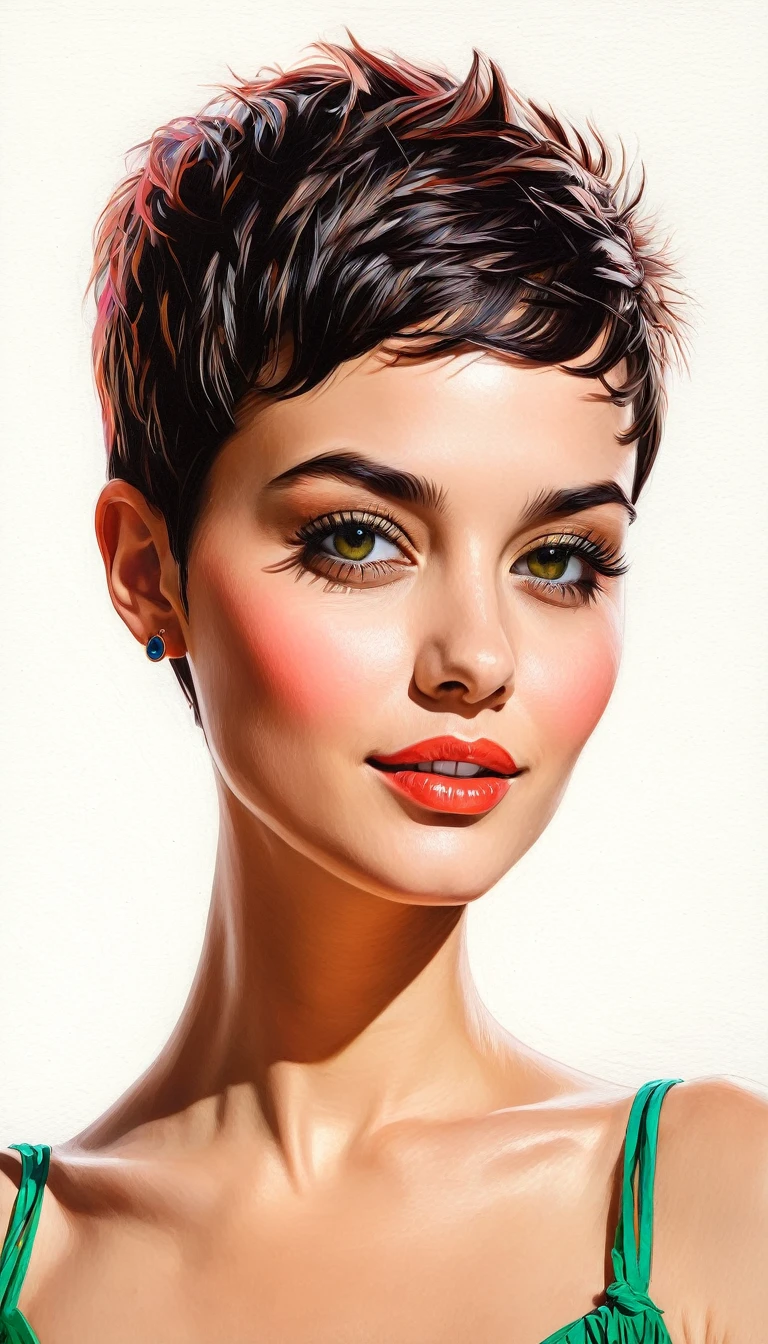 create a woman short hair pixie , flores, Masterpiece, estilo illustration de Ali Erturk, high detail, hyperrealistic, natural light,illustration , Bright colors