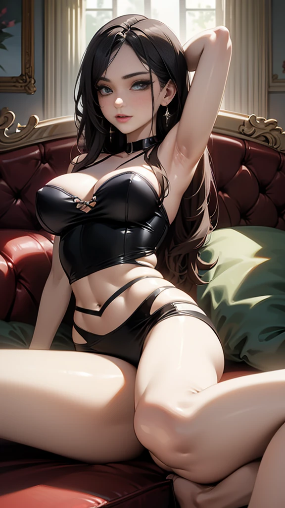 woman laying on a couch with her legs open, very seductive pose, on a couch, sitting on the sofa, very sexy, sultry and beckoning atmosphere, beautiful alluring , anna nikonova, seductively looking at viewer, seductive reclining, pretty face, detailed arms and legs, elegant seducing pose, relaxed,