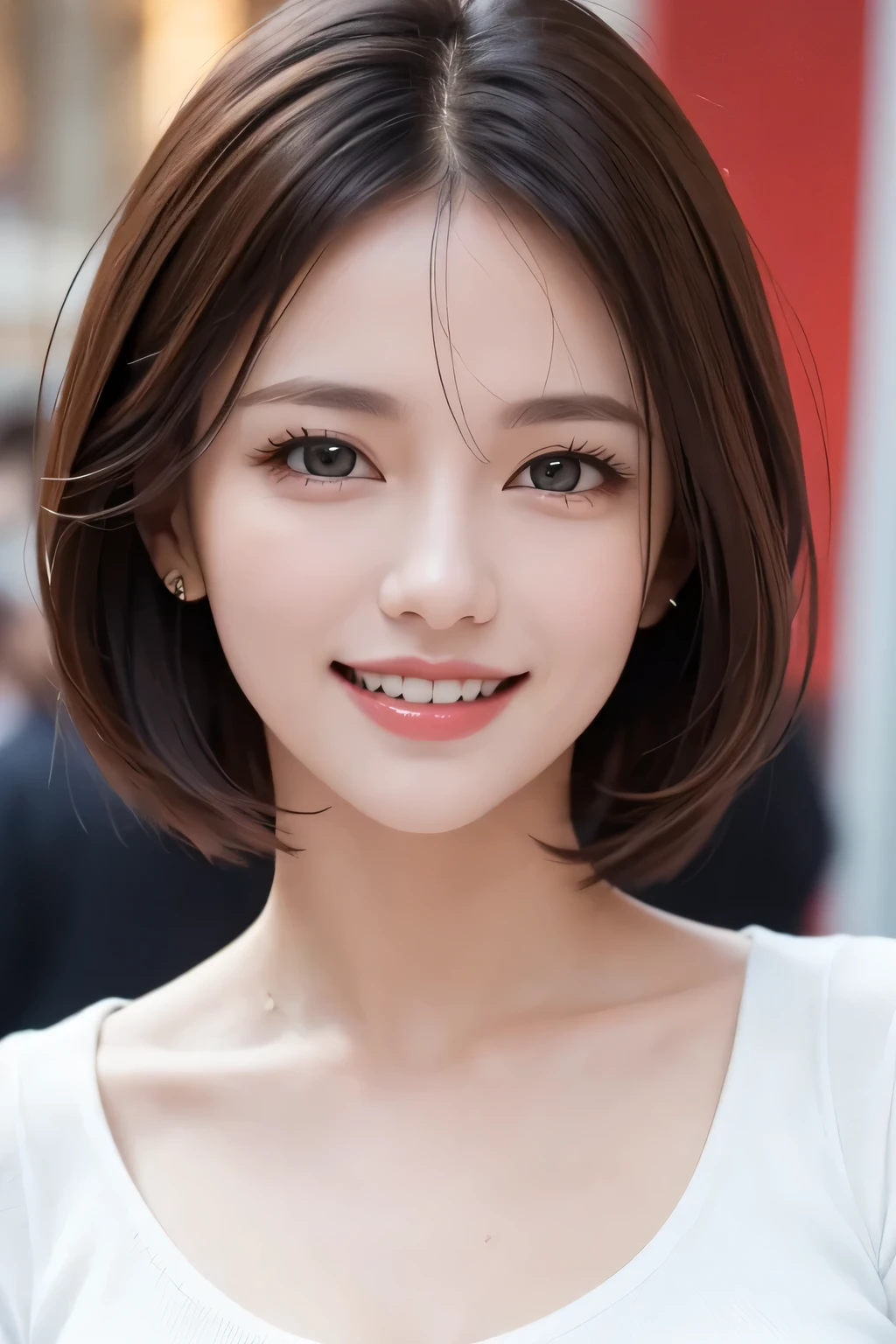 ((masterpiece)), ((Highest quality)), ((Complex)), ((Surreal)), (Realistic), (Mature Woman), ((There are no classes)), Very detailed, (1 female), Beautiful and exquisite, (Beautiful Teeth), Grin, Brunette bob hair, Brown eyes, ((blouse)), (Upper Body), (background:none), Perfect Eyes, Captivating eyes, Looking at the audience