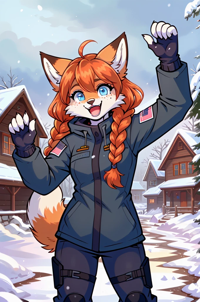 cheerful_excited_pose,
(blizzard:1.2), sleet, hail,
1girl, red_fox_girl, anna, blue eyes, freckles, twin braids, orange hair, dressed in winter_tactical_gear,