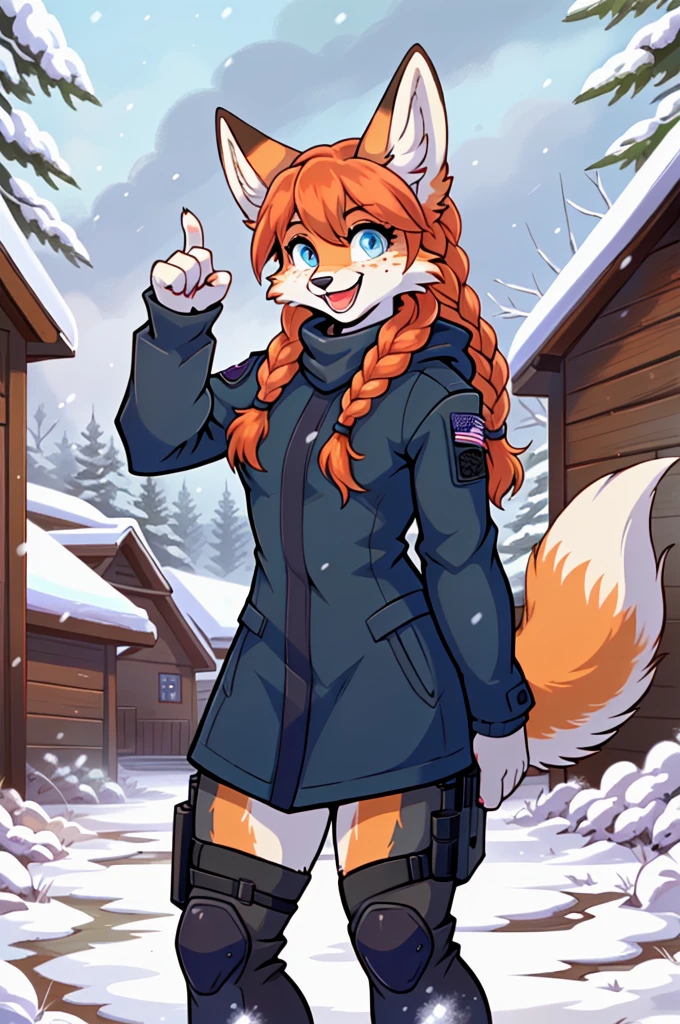 cheerful_excited_pose,
(blizzard:1.2), sleet, hail,
1girl, red_fox_girl, anna, blue eyes, freckles, twin braids, orange hair, dressed in winter_tactical_gear,