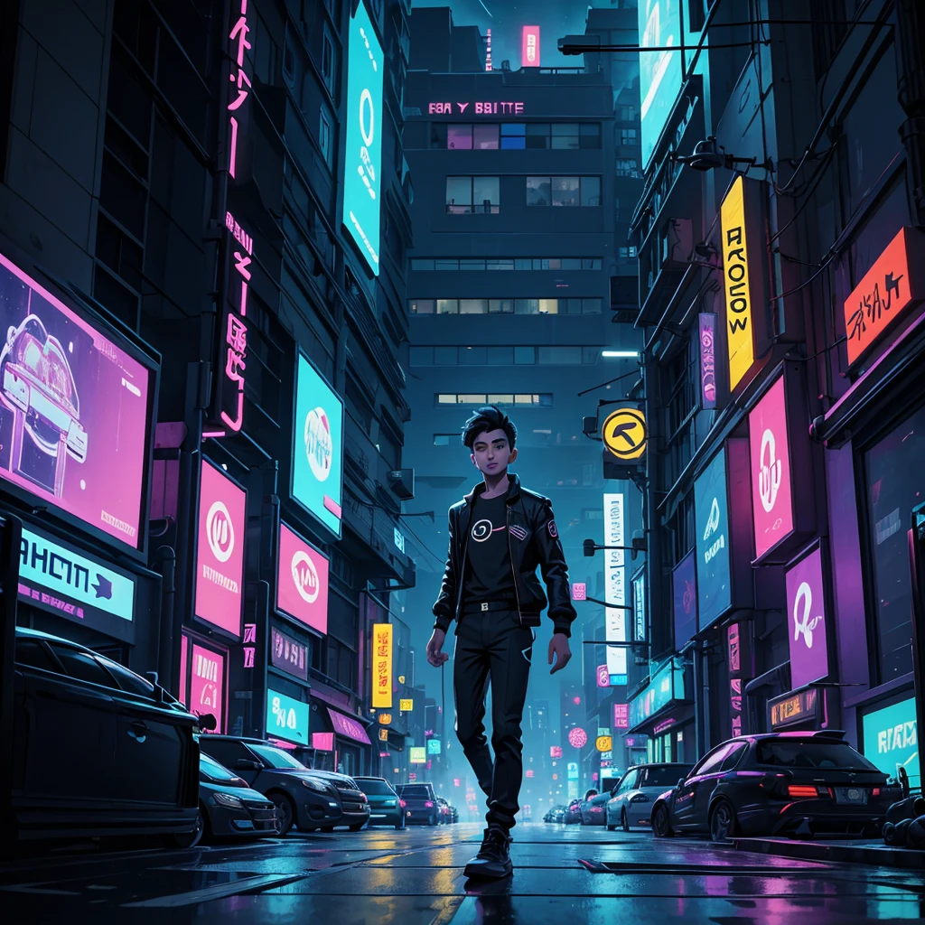 Set the background as a cyberpunk-themed cityscape at night. The boy stands amidst the vibrant chaos of a bustling city, with the following elements:
• Skyscrapers and urban scenery filled with neon lights and electronic billboards.
• Bright neon signs and colorful lights flooding the city.
• Shadows of people walking in alleys and sidewalks, adding to the urban hustle.
• Drones and hologram advertisements floating in the sky, enhancing the futuristic atmosphere.
The boy’s outfit is simple and includes:
• A plain shirt and pants.
• A moon motif accessory, symbolizing his identity as the god of night.
The colorful and lively background contrasts sharply with the monochrome depiction of the boy, making this contrast stand out. The boy’s appearance is as follows:
• He has a baby-faced, androgynous look.
• His build is slender, giving a delicate impression.
• His expression is one of enlightenment yet resignation, suggesting a profound understanding paired with a sense of giving up.
• The monochrome representation of the boy contrasts vividly with the colorful background, highlighting his presence.
Based on this prompt, you will create a striking illustration that captures the solitary god of night standing amidst the vibrant hustle of a cyberpunk city, creating a visually and emotionally impactful scene.