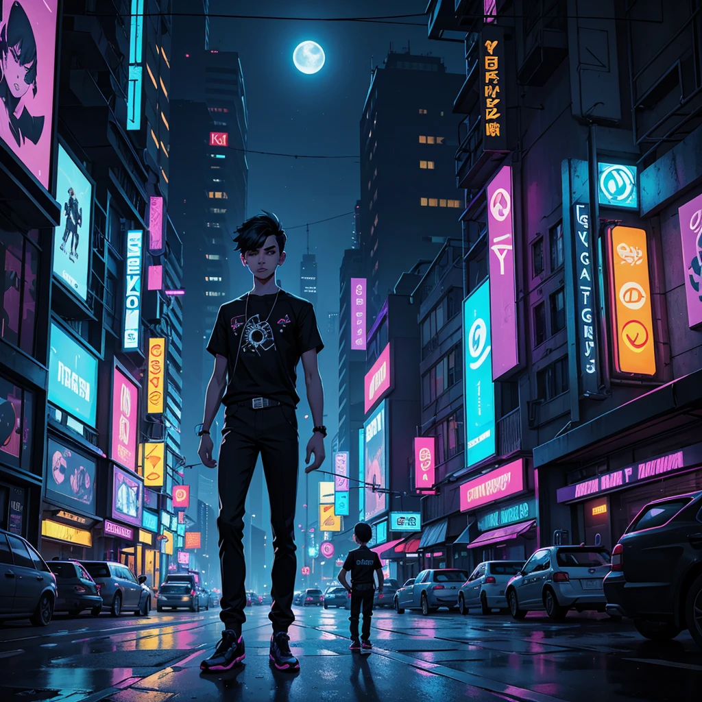 Set the background as a cyberpunk-themed cityscape at night. The boy stands amidst the vibrant chaos of a bustling city, with the following elements:

	•	Skyscrapers and urban scenery filled with neon lights and electronic billboards.
	•	Bright neon signs and colorful lights flooding the city.
	•	Shadows of people walking in alleys and sidewalks, adding to the urban hustle.
	•	Drones and hologram advertisements floating in the sky, enhancing the futuristic atmosphere.

The boy’s outfit is simple and includes:

	•	A plain shirt and pants.
	•	A moon motif accessory, symbolizing his identity as the god of night.

The colorful and lively background contrasts sharply with the monochrome depiction of the boy, making this contrast stand out. The boy’s appearance is as follows:

	•	He has a baby-faced, androgynous look.
	•	His build is slender, giving a delicate impression.
	•	His expression is one of enlightenment yet resignation, suggesting a profound understanding paired with a sense of giving up.
	•	The monochrome representation of the boy contrasts vividly with the colorful background, highlighting his presence.

Based on this prompt, you will create a striking illustration that captures the solitary god of night standing amidst the vibrant hustle of a cyberpunk city, creating a visually and emotionally impactful scene.