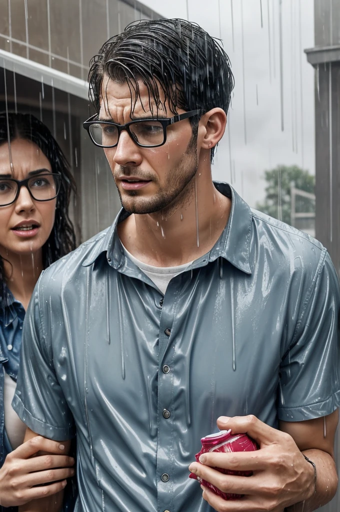 make a scetch: a tall boy with glasses is soaked in rain also his groceries are soaked wet and because of that a heavy built women is scolding him and touching his ears