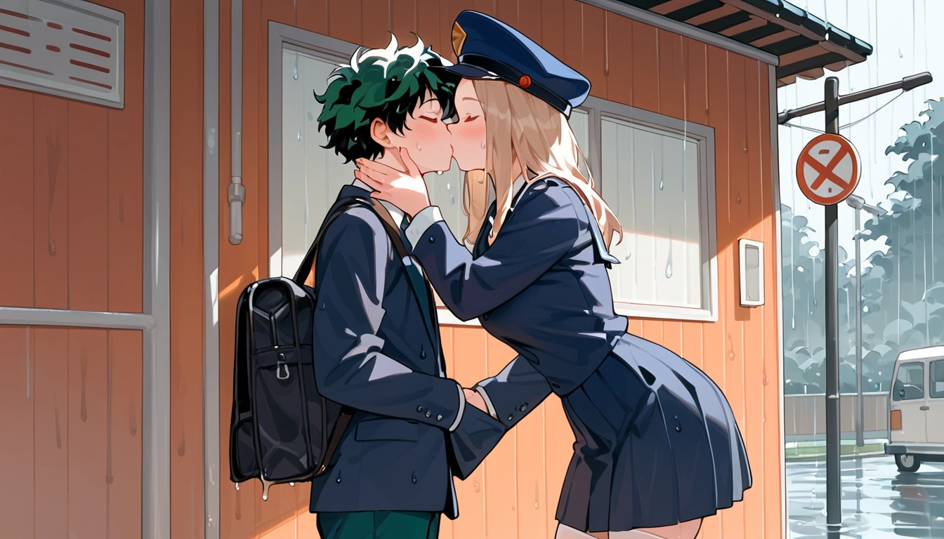 anime artwork, score_9, score_8_up, score_7_up, score_6_up, score_5_up, score_4_up, r,Camie Utsushimi, light brown hair, dark brown eyes,, breasts, , big breasts,  (school uniform:1.2), standing, cap, she is 24 years old,   wet whirt, ,horny, , , white stockings,  style_3, 1boy, Izuku Midoriya,  kissing, at the bus stop, outdoors, raining,  blush, wet, dark atmoshpere,  closed eyes, They are completely soaked, 