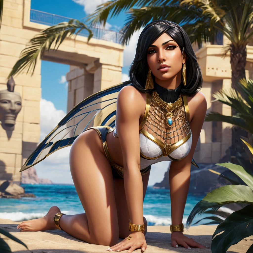 hyper realistic, head of&#39;highly detailed artwork of the beautiful Egyptian queen Pharah d&#39;overwatch, in a very sexy pose, thick and curvy body , tanned skin , black braided hair, traits du visage parfaits, thick, kissable lips, golden eyes, thick eyebrows, cils, fine nose, yeux brillants, Thick eyeliner, Accessoires dorés, jewels, , FORME DU CORPS MUSCULAIRE , porter une nuisette blanche transparente , Seductive look,