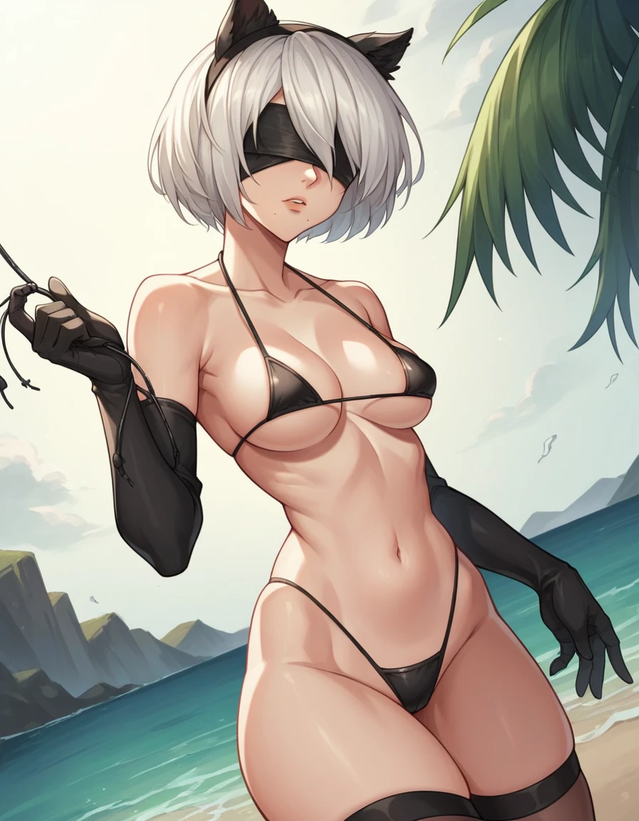 score_9, score_8_up, score_7_up, source_anime,
2b, 2b, yorha no. 2 type b, short hair, white hair, hairband, mole, black hairband, mole under mouth, blindfold, covered eyes, black blindfold,
gloves,
outdoors,
solo, dutch angle, looking at viewer, cowboy shot, small black micro bikini, small think black waist high bikini bottom, black wire frame cat ears, at beach side, next to water, sunset lightning,