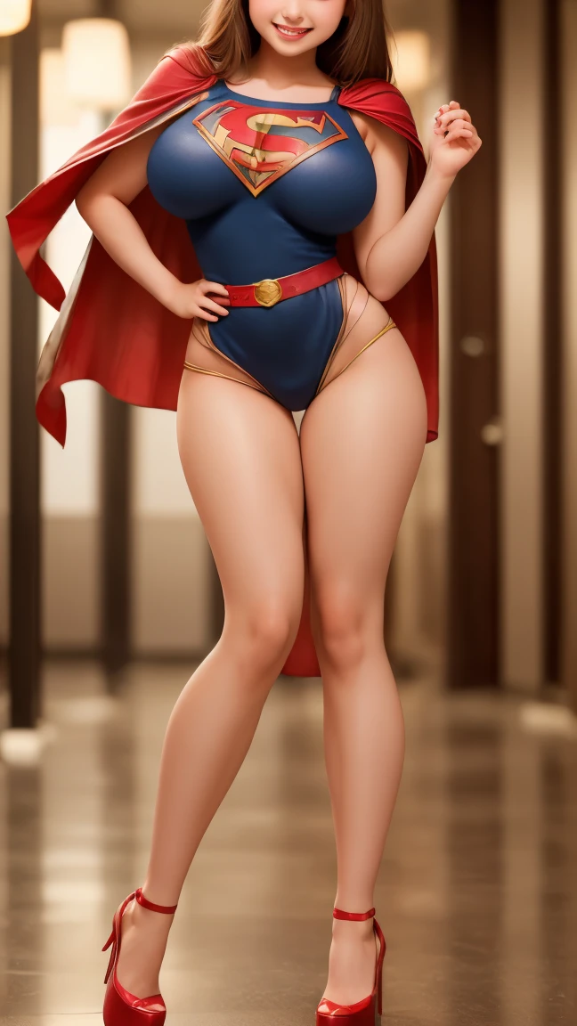 best quality, ultra-detailed, photorealistic: 1.39), bright and vibrant colors, studio lighting, romantic expression, seductive, (Big breasts: 1.4), ((1girl of 12 y.o: 1.4))., dark blue eyes, long light brown hair, Beautiful and sensual latex red shorts tight and formfitting, ((thin strap black blouse)), (Rock style red stilletos), romantic scenery with professional light full of brilliant details, porch, sitting on swing bench, stylish high heels with platform, (slim and tight), (pretending to be a real model), ((standing on very high heels)), ((1girl of 12 y.o: 1.4)), (cute face), ((slim face)), ((short height makes her look more curved)), ((complete long high heels are so tall and sexy: 1.2)), ((superhero lovely outfit)), ((small cute red cape on her back)) ((very sexy heroine)), ((smiling like supergirl))
