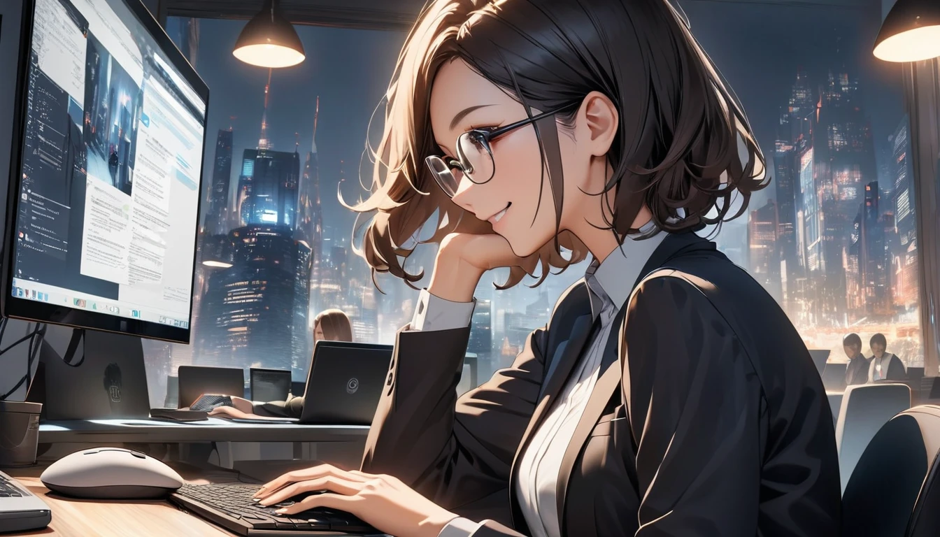 Office workers working on a computer,Portraiture,Professional,Wearing a smart suit,Stylish glasses,Typing on a sleek laptop,Use a wireless mouse,Sitting at a modern desk,Smile confidently,City skyline in the background,Soft natural light,High resolution,High resolution,Very detailed.One Woman ,alone